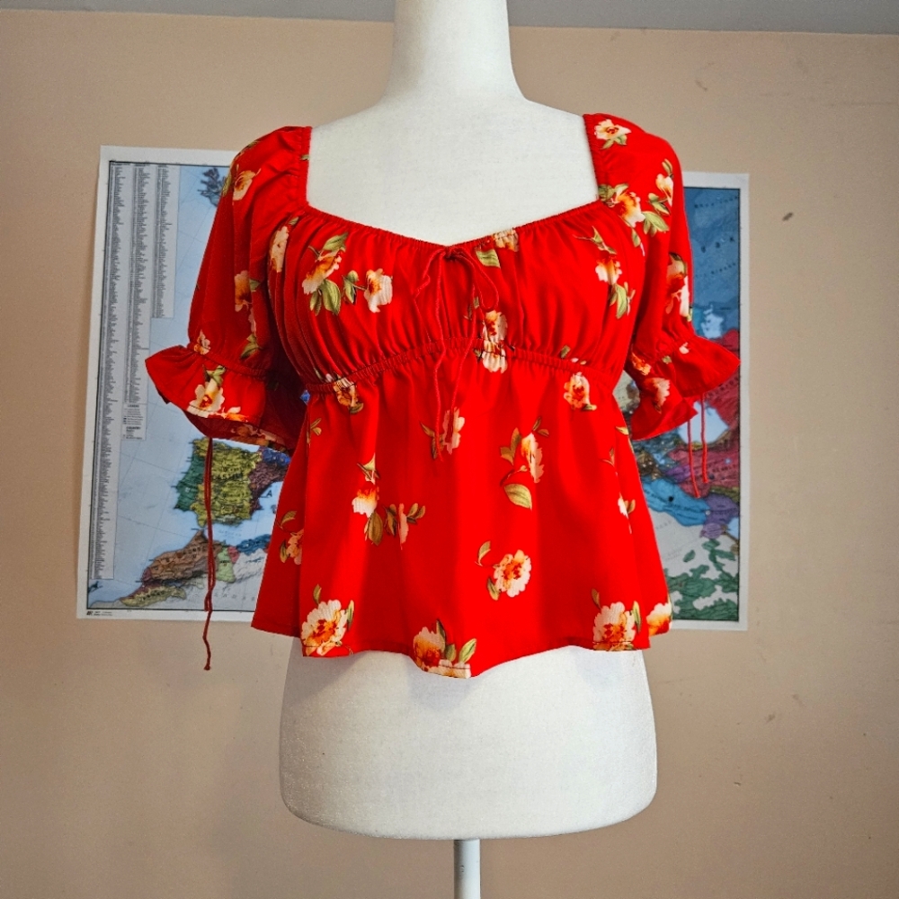 Red Crepe Floral Self-Tie Top